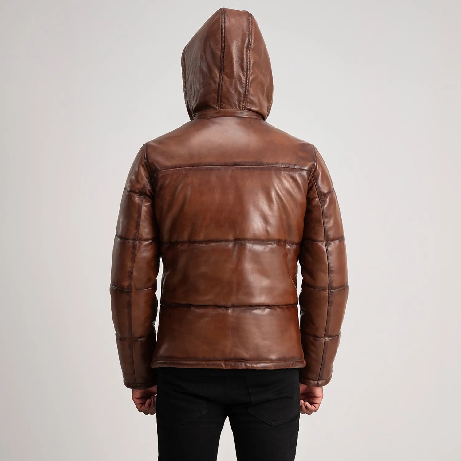 PRINDA Waxed Brown Hooded Leather Puffer Jacket