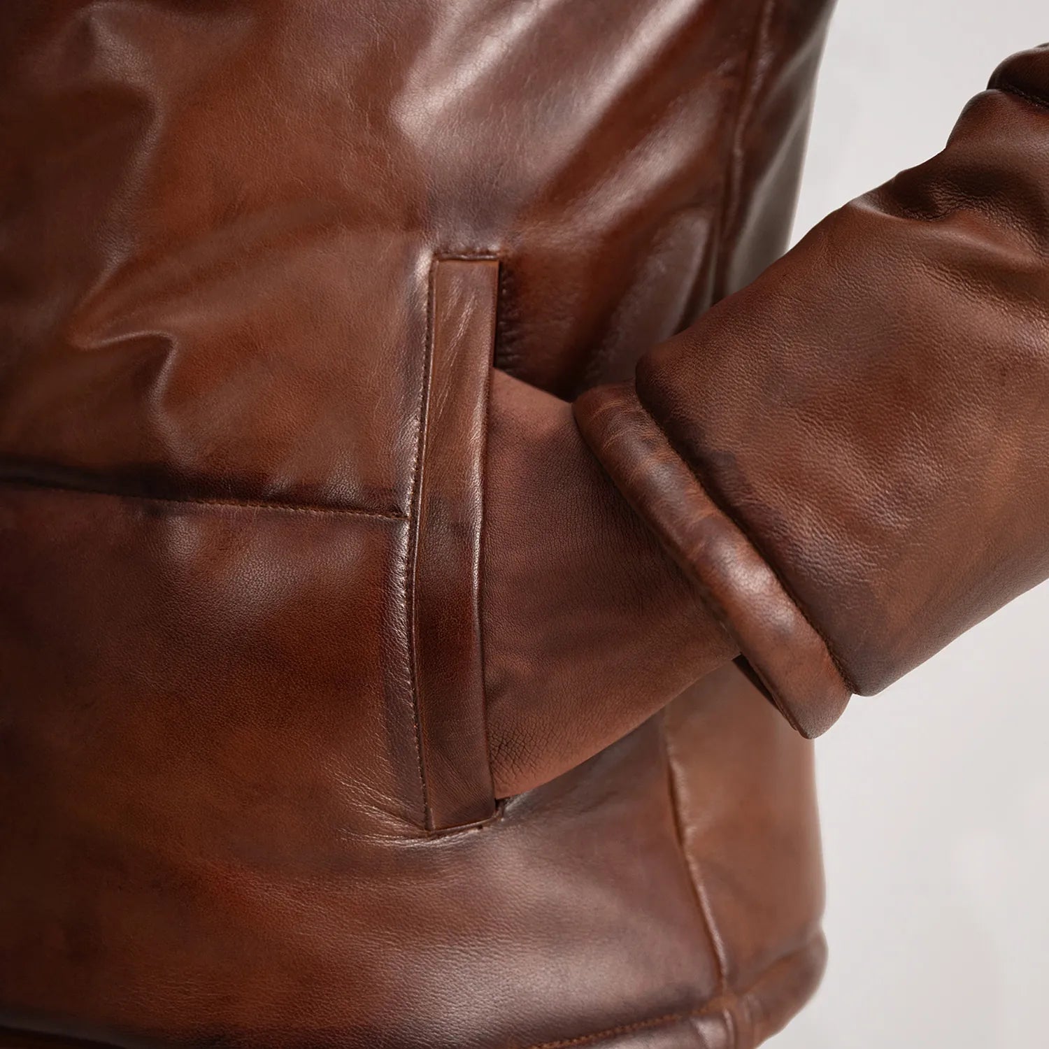 PRINDA Waxed Brown Hooded Leather Puffer Jacket
