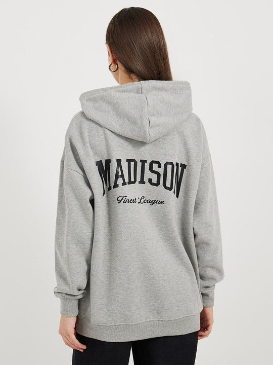 Women’s Longline Slogan Print Pullover Hoodie — Regular Fit with Kangaroo Pocket | PRINDA Pakistan