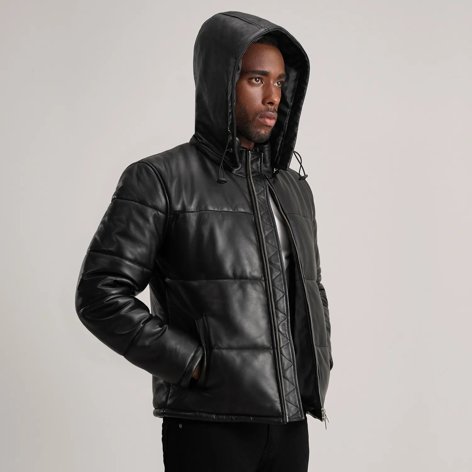 PRINDA Black Hooded Sheep Leather Puffer Jacket