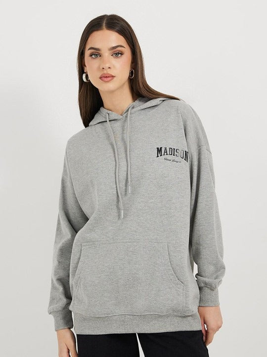Women’s Longline Slogan Print Pullover Hoodie — Regular Fit with Kangaroo Pocket | PRINDA Pakistan