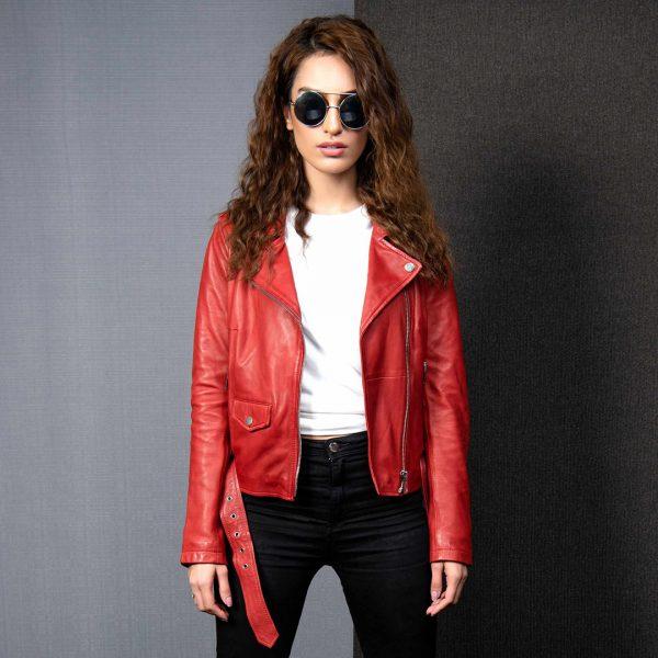 PRINDA Red Genuine Women Leather Jacket
