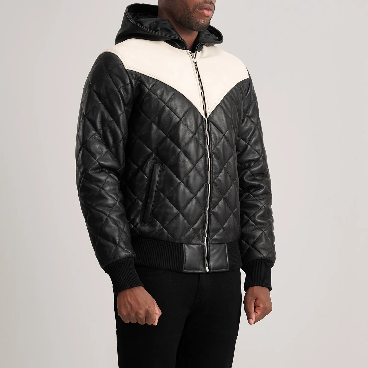 PRINDA Black-White Hooded Bomber Leather Puffer Jacket