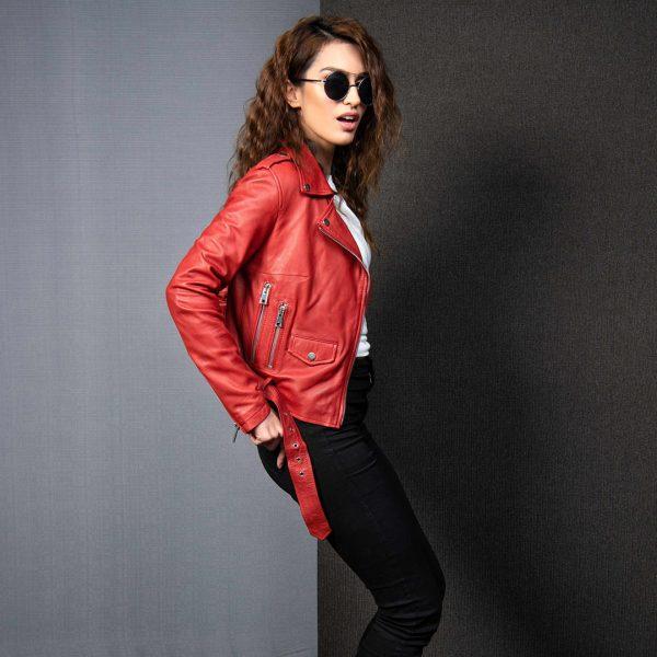PRINDA Red Genuine Women Leather Jacket