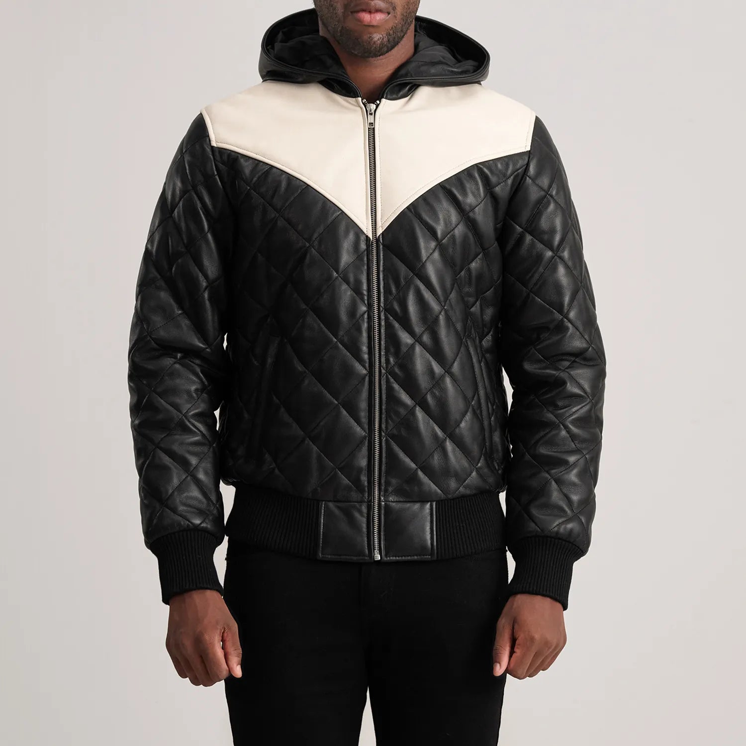 PRINDA Black-White Hooded Bomber Leather Puffer Jacket