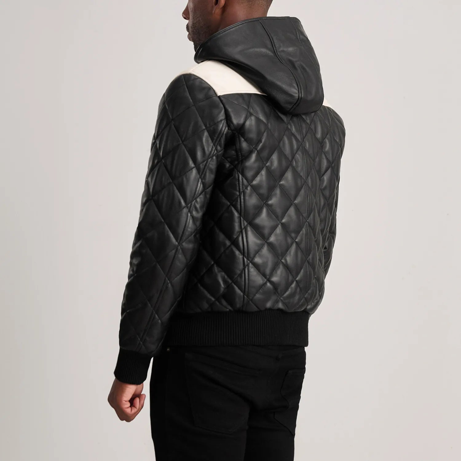 PRINDA Black-White Hooded Bomber Leather Puffer Jacket