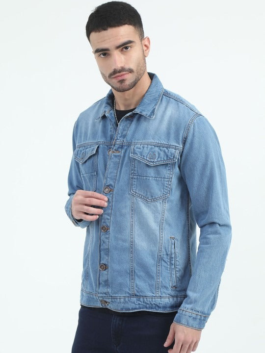 Men Spread Collar Faux Fur Trim Denim Jacket – Winter Essential for Pakistani Men | PARINDA