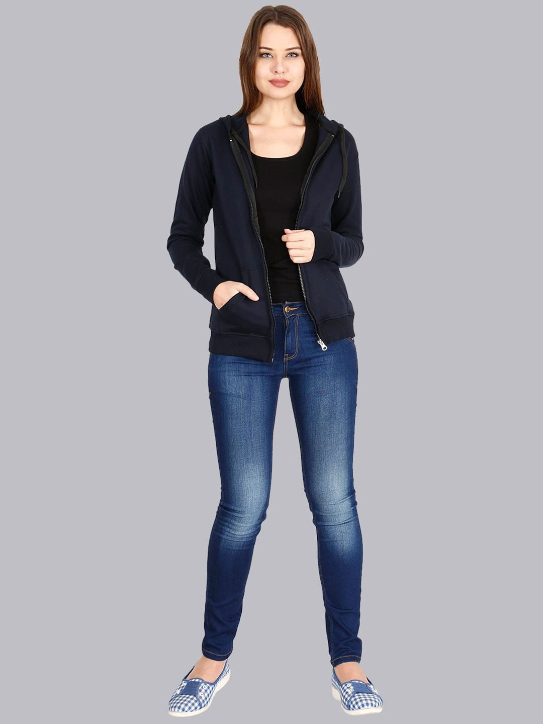 Women Navy Blue Cotton Zipper Hoodie — Full-Zip Cotton Sweatshirt with Kangaroo Pocket | PRINDA Pakistan
