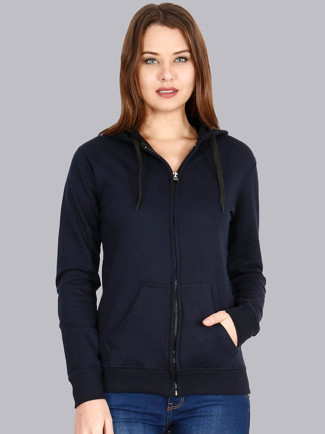 Women Navy Blue Cotton Zipper Hoodie — Full-Zip Cotton Sweatshirt with Kangaroo Pocket | PRINDA Pakistan