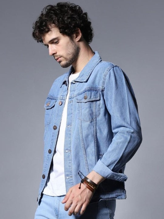 Men Washed Outdoor Denim Jacket with Embroidered Details – Rugged Pakistani Streetwear by PARINDA
