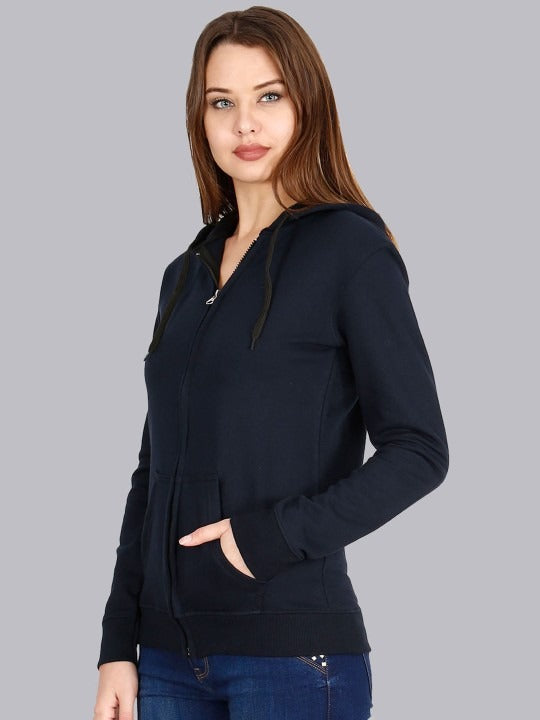 Women Navy Blue Cotton Zipper Hoodie — Full-Zip Cotton Sweatshirt with Kangaroo Pocket | PRINDA Pakistan
