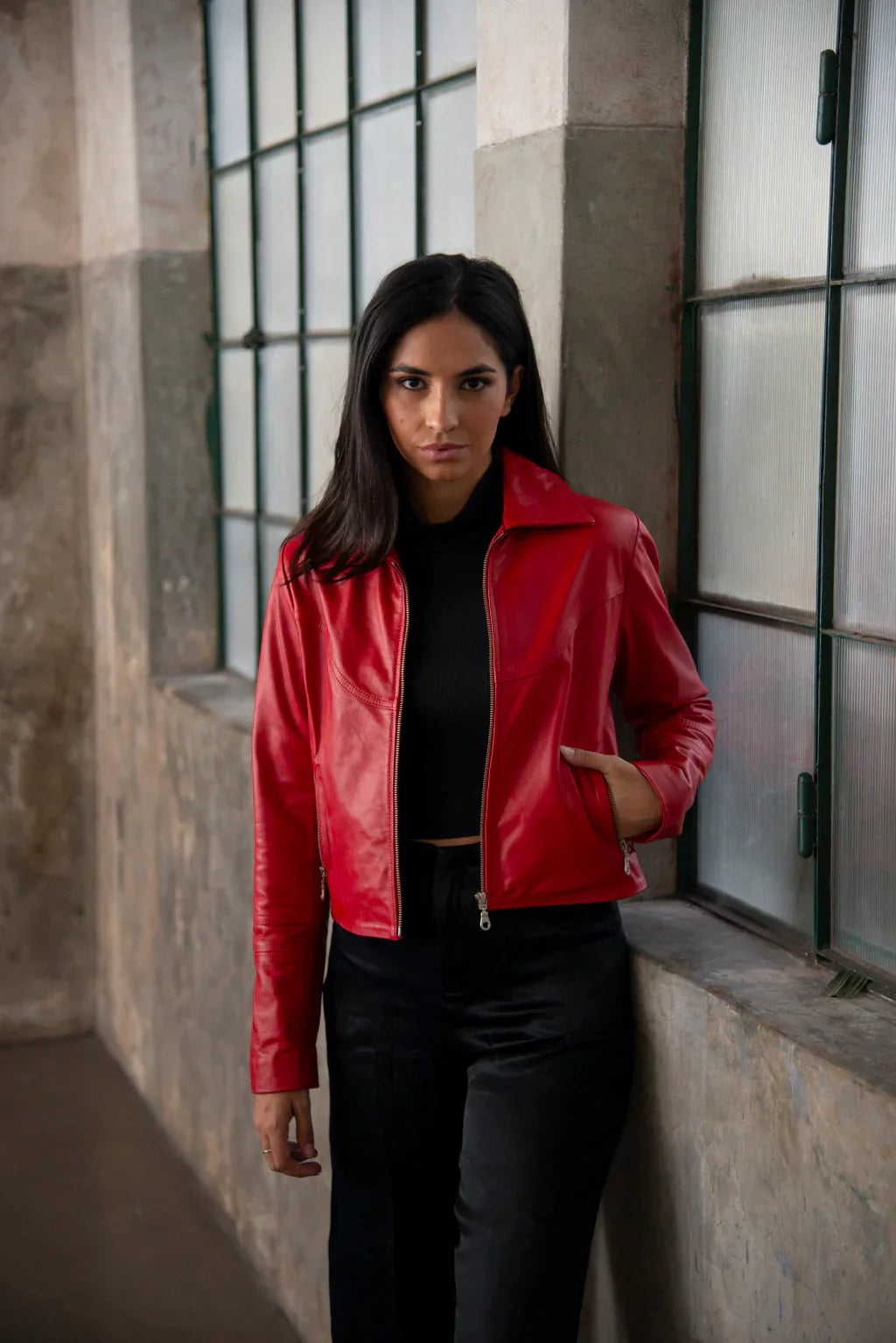 Red Biker Leather Jacket For Women's