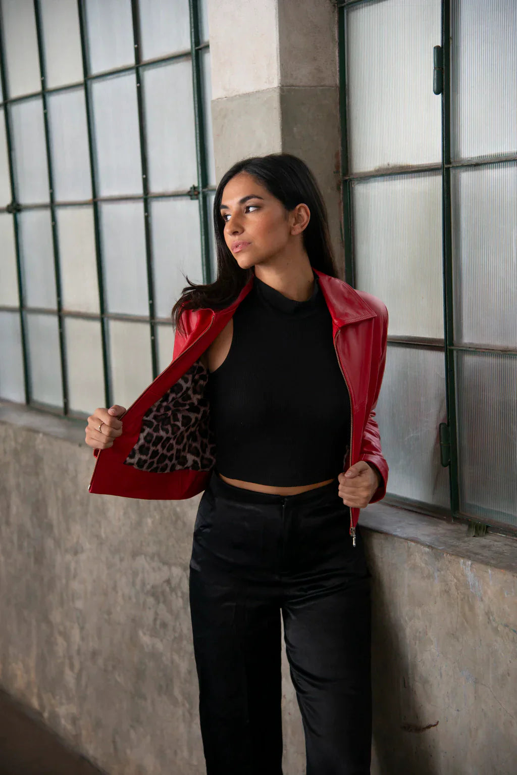 Red Biker Leather Jacket For Women's