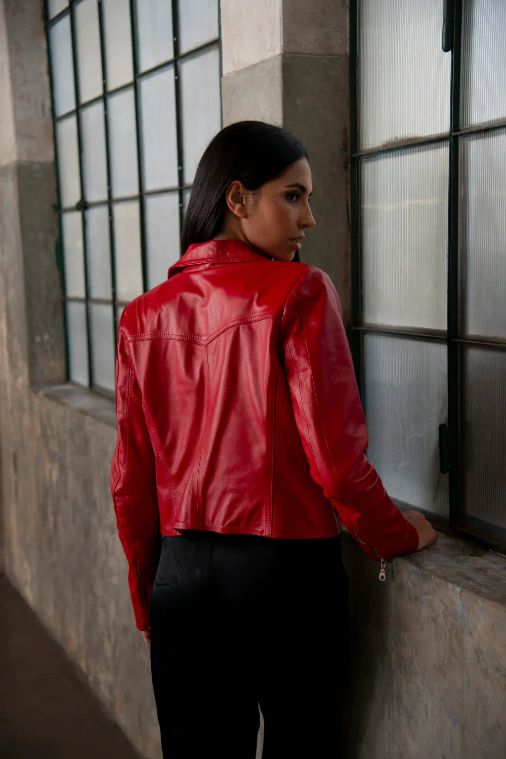 Red Biker Leather Jacket For Women's