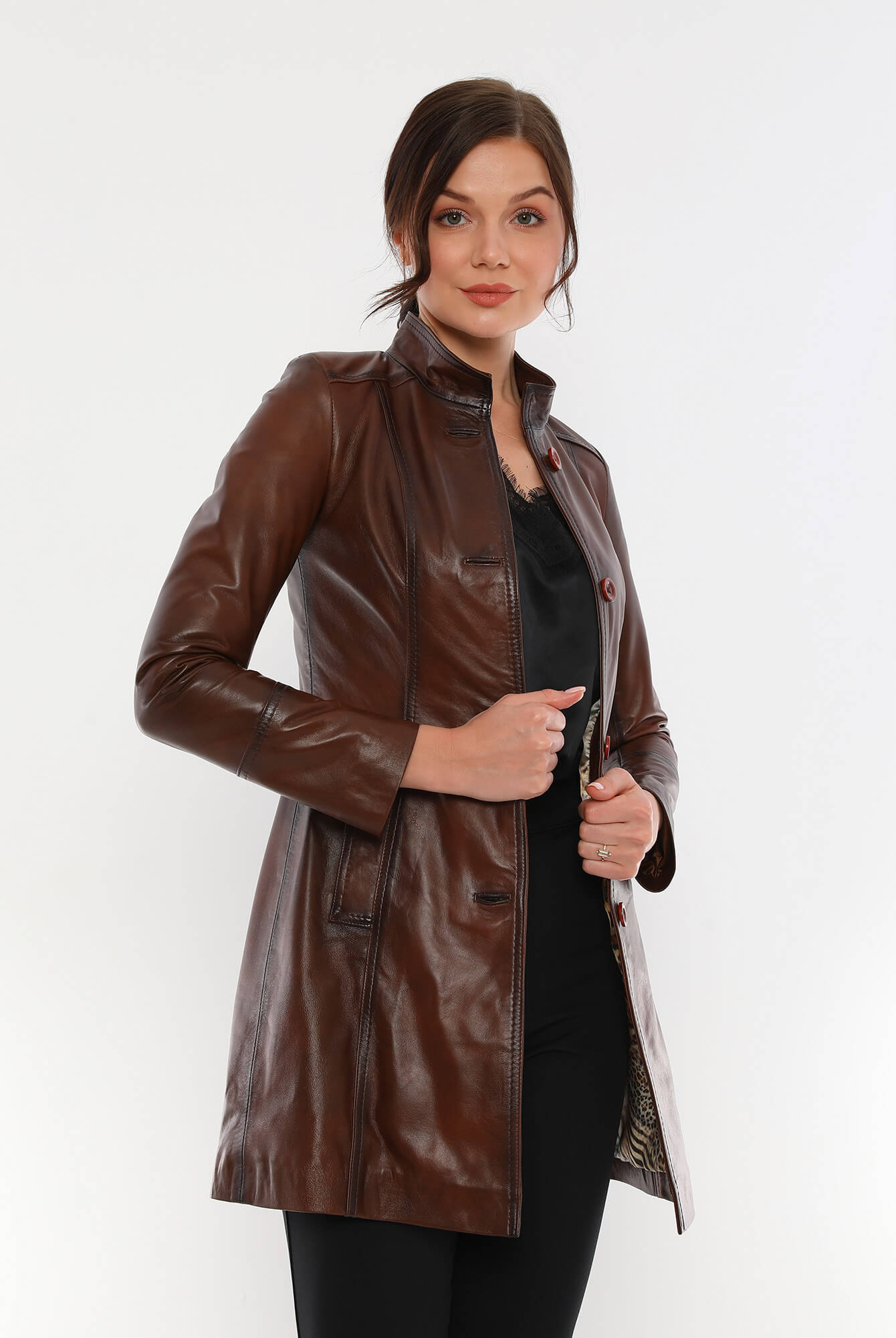PRINDA Brown Premium Leather Trench Coat For Women