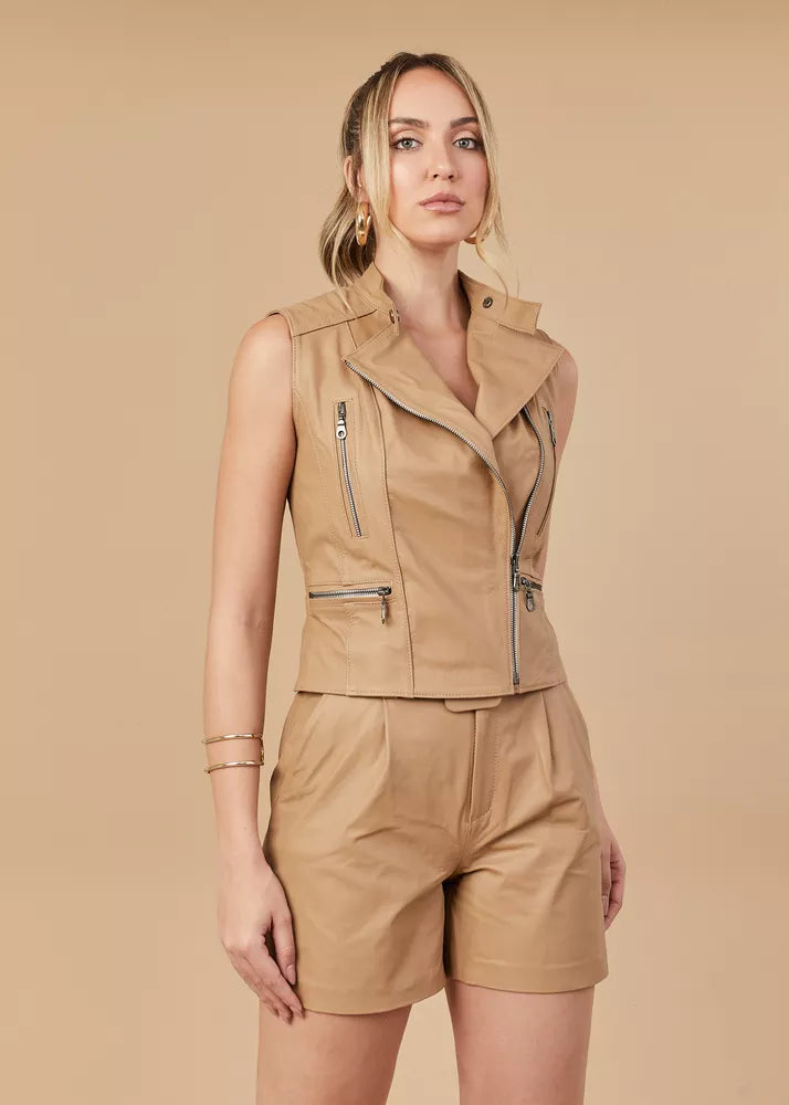 PRINDA Taupe Women's Biker Genuine Leather Vest