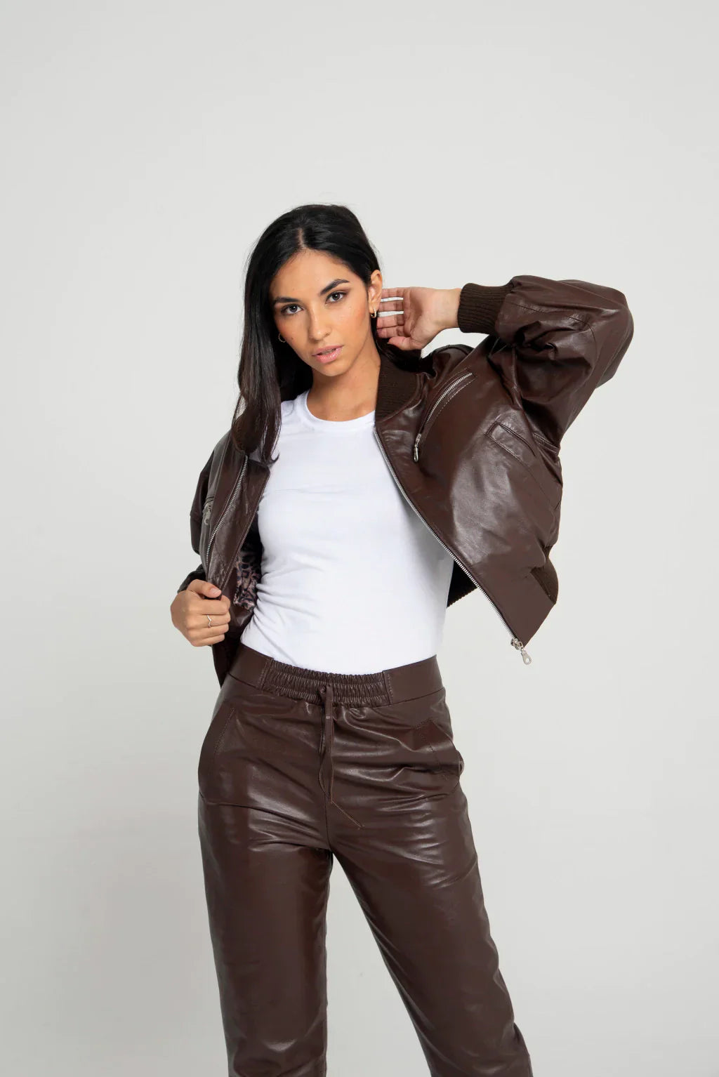PRINDA Brown Women Bomber Leather Jacket