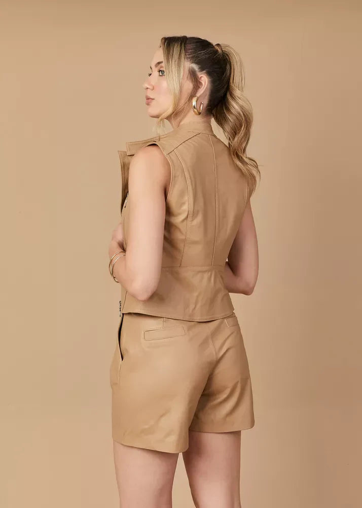 PRINDA Taupe Women's Biker Genuine Leather Vest