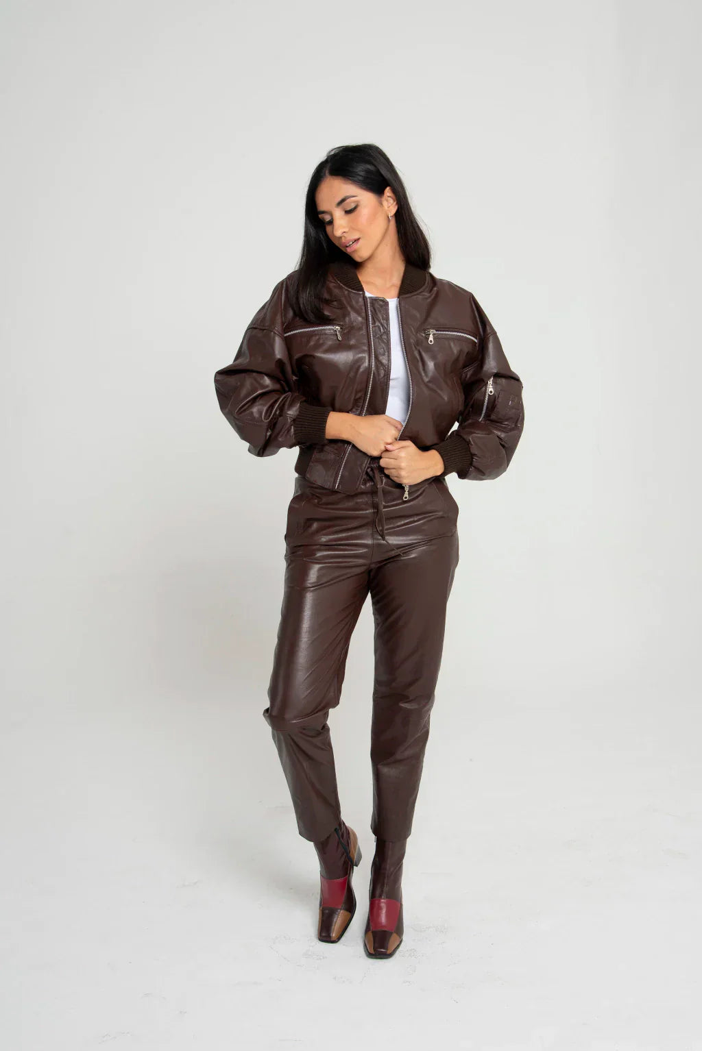 PRINDA Brown Women Bomber Leather Jacket