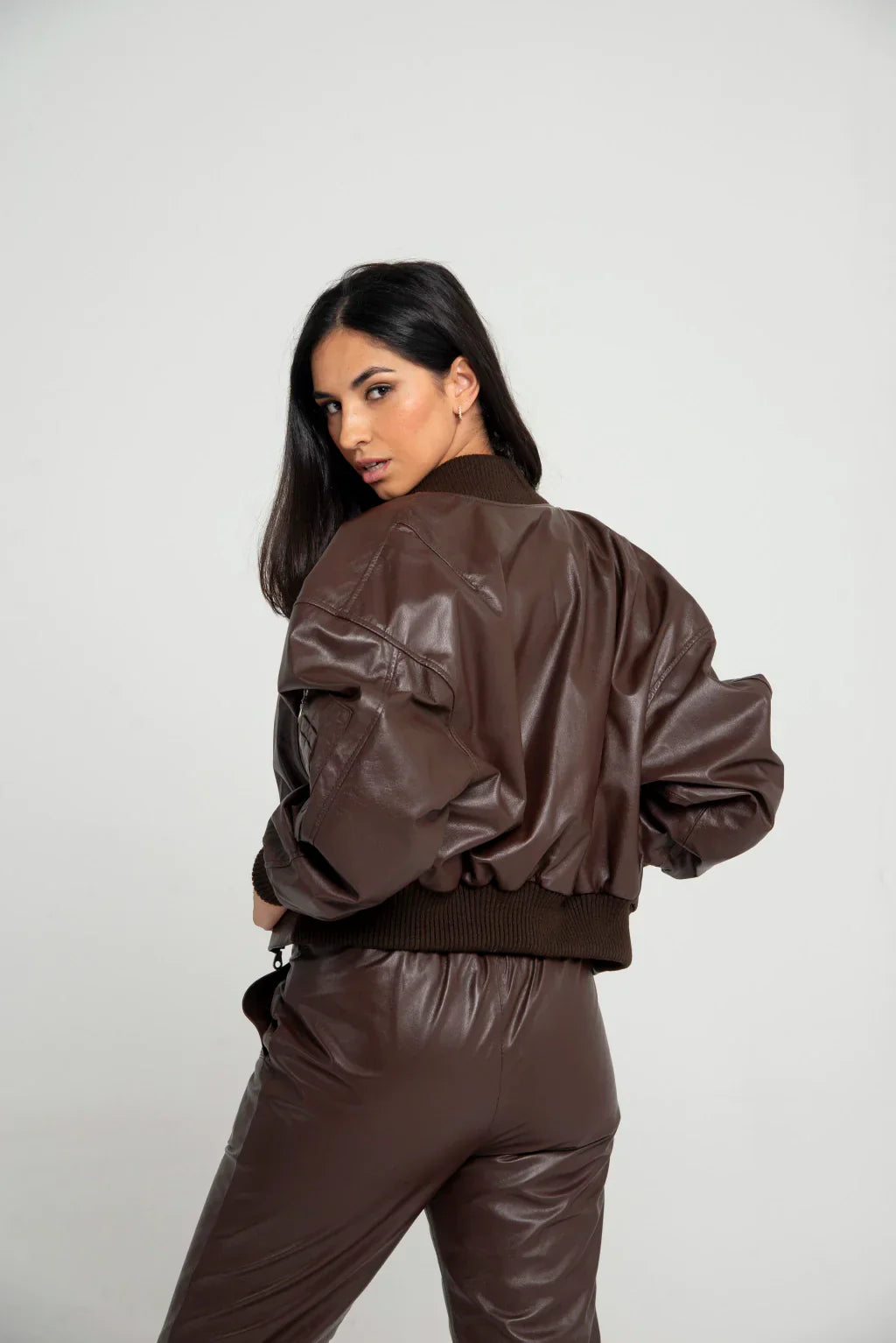 PRINDA Brown Women Bomber Leather Jacket