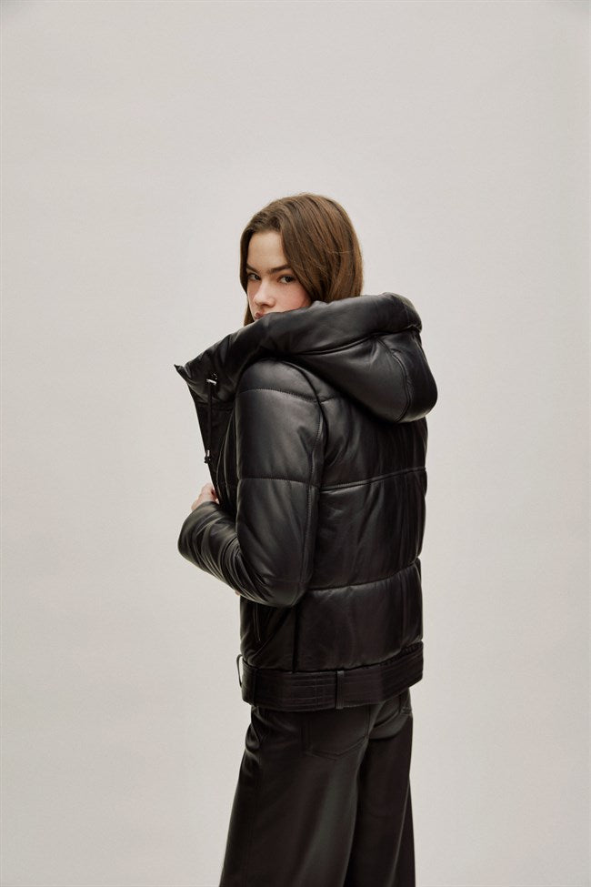 Puffer Black Leather Jacket For Women