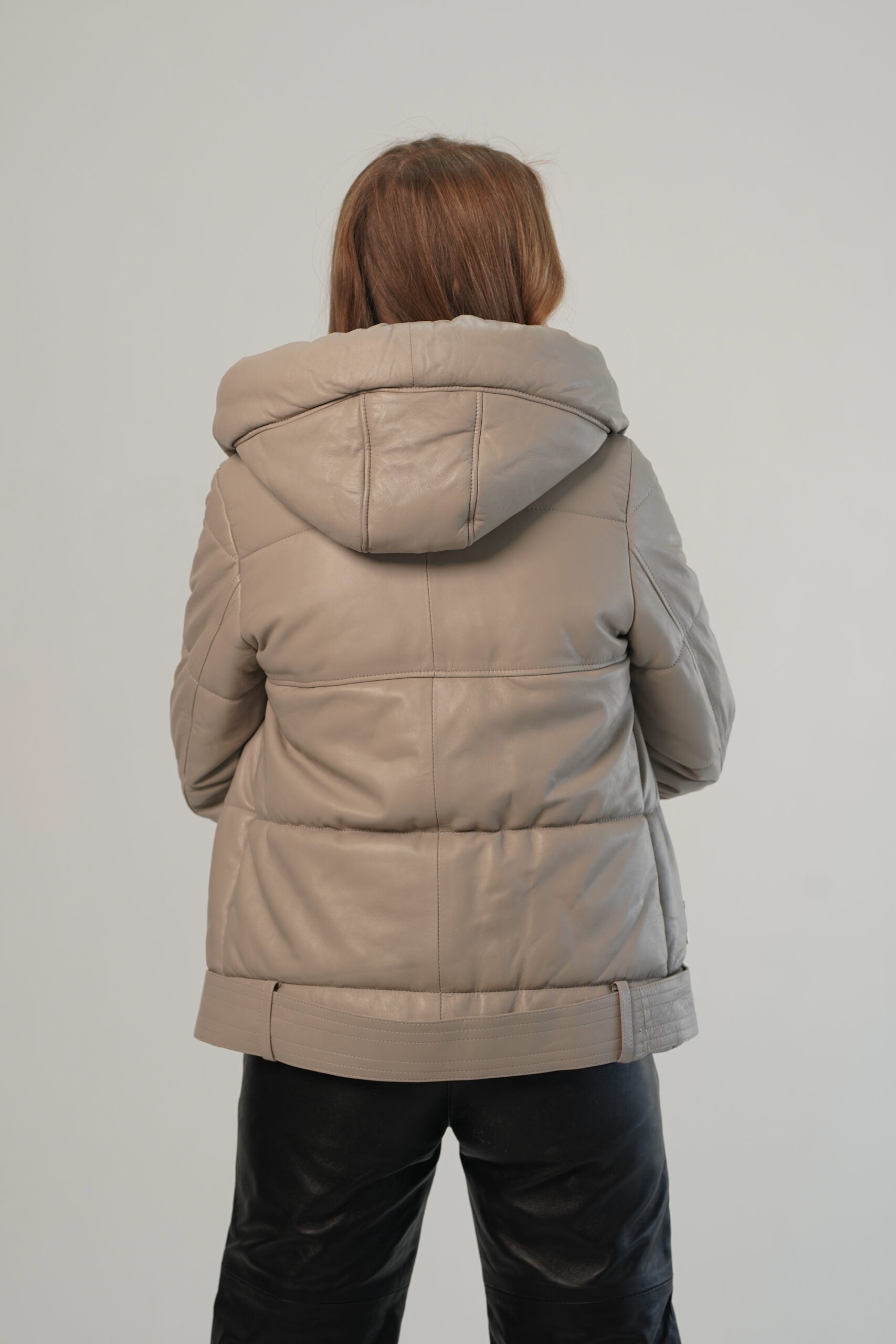 PRINDA Puffer Beige Hood Genuine Leather Jacket