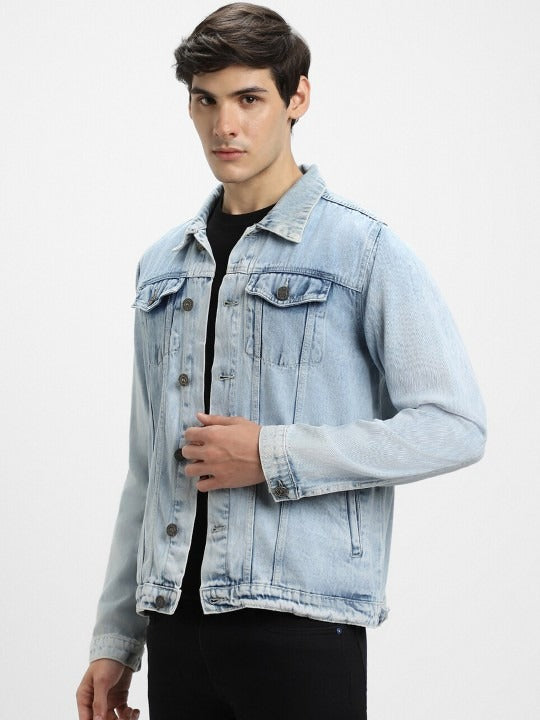 Washed Spread Collar Long Sleeves Denim Jacket for Men – Trendy, Breathable Outerwear for Pakistan | PARINDA