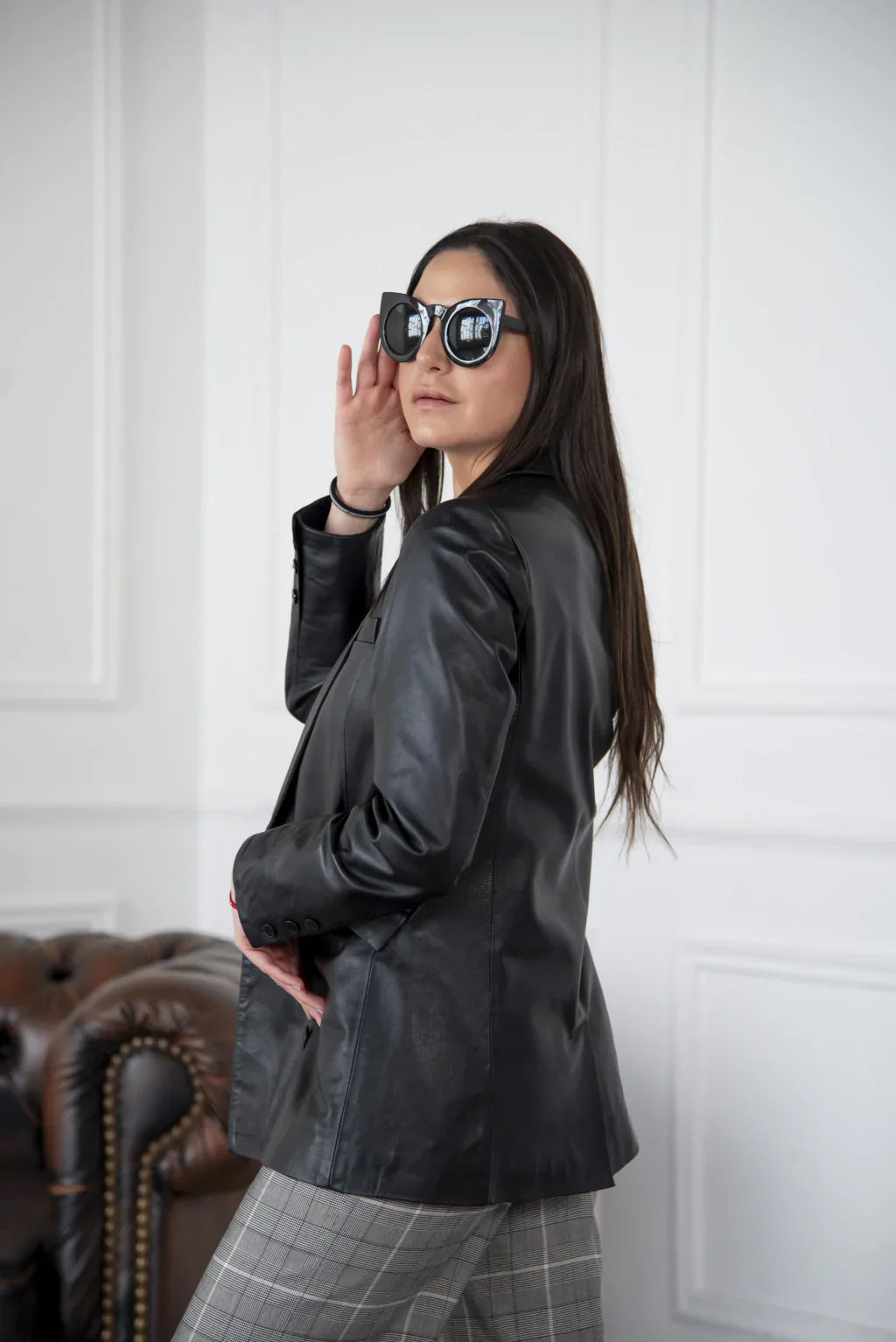 PRINDA Black Leather Blazer For Women
