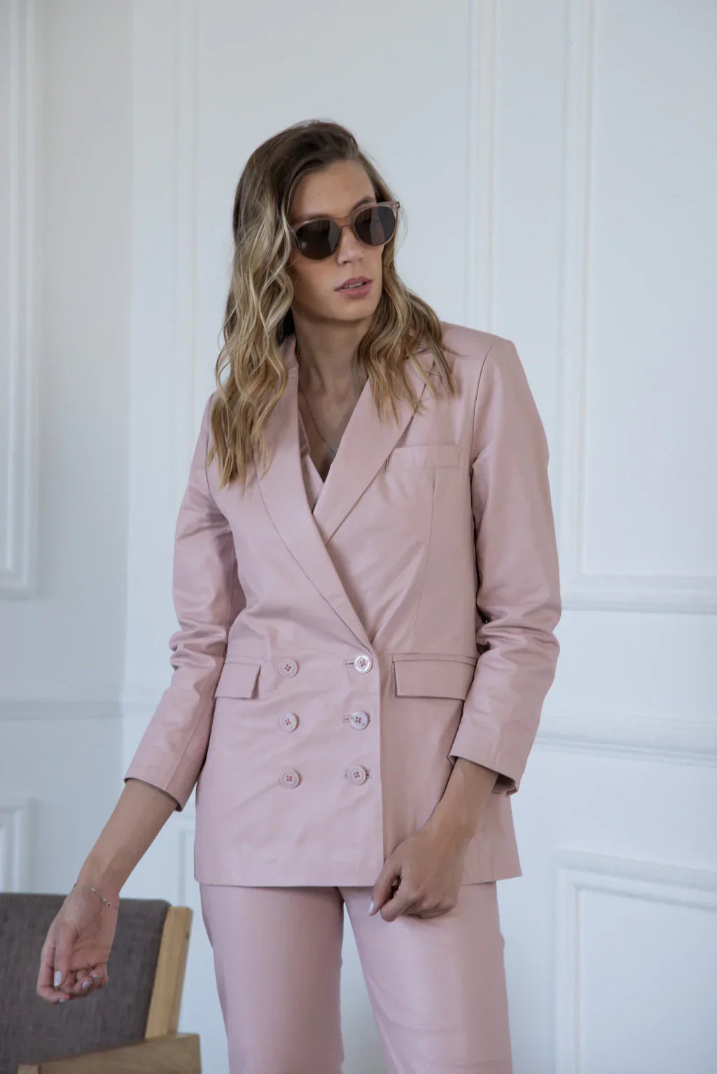 PRINDA Rose Pink Leather Blazer For Women (2 Piece)