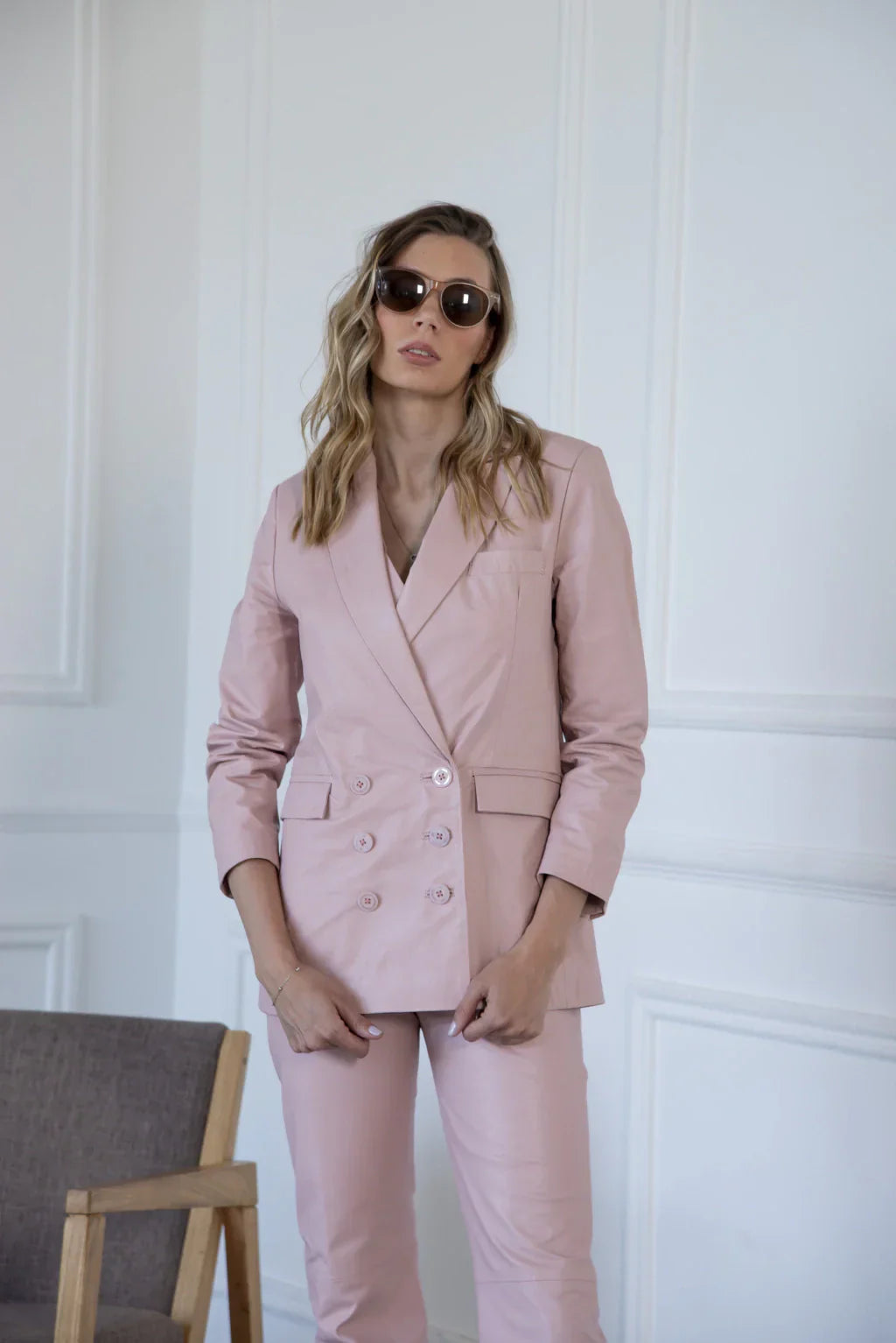 PRINDA Rose Pink Leather Blazer For Women (2 Piece)