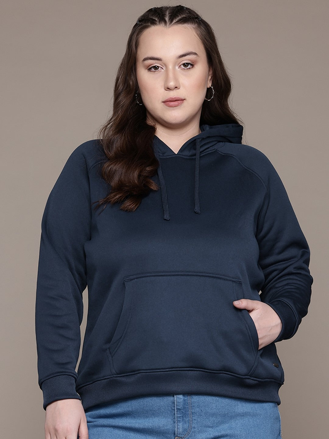 Women Navy Blue Solid Hooded Hoodie — Classic Cotton Pullover with Kangaroo Pocket | PRINDA Pakistan