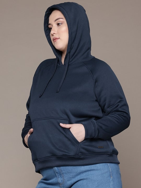 Women Navy Blue Solid Hooded Hoodie — Classic Cotton Pullover with Kangaroo Pocket | PRINDA Pakistan