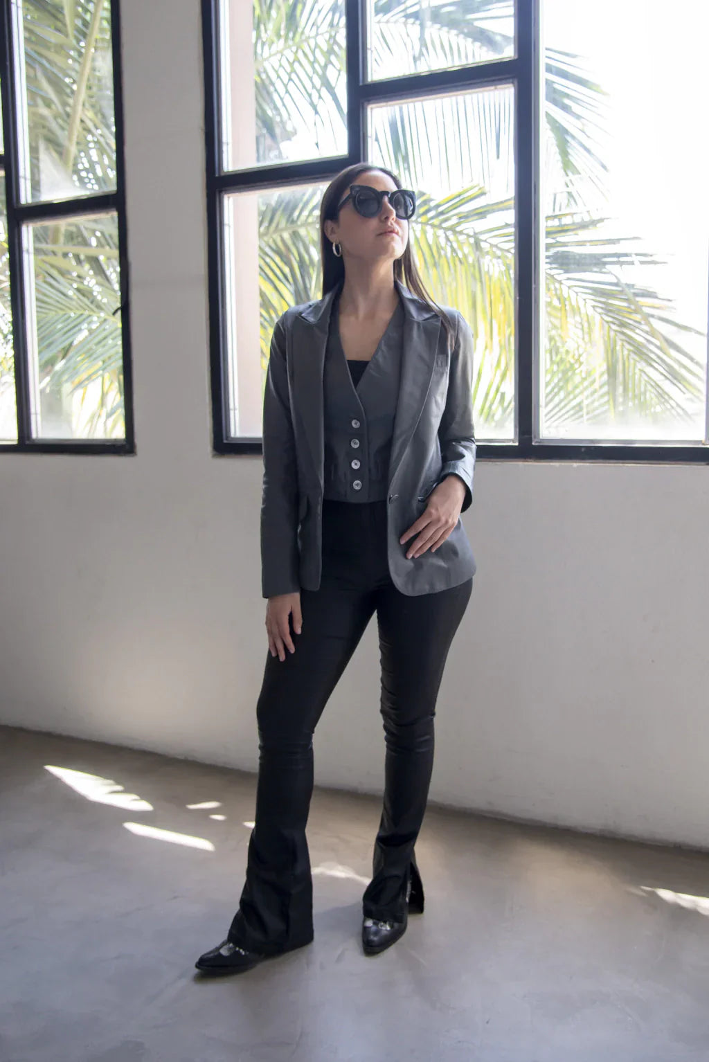 PRINDA Grey Leather Blazer For Women (2 Piece)