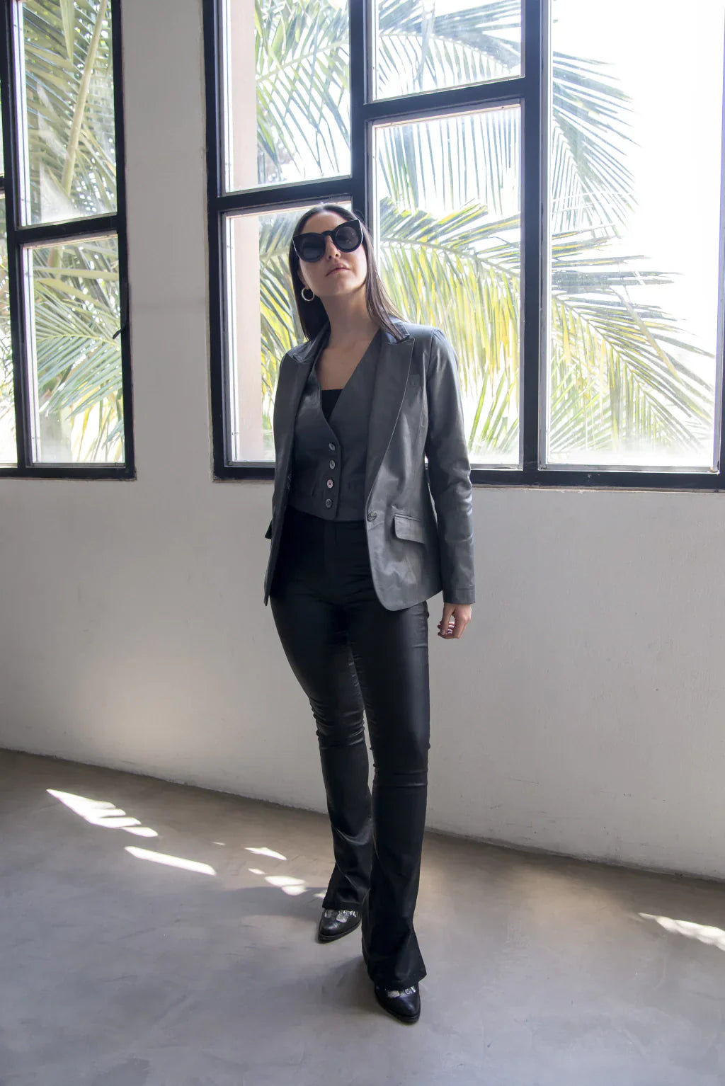 PRINDA Grey Leather Blazer For Women (2 Piece)