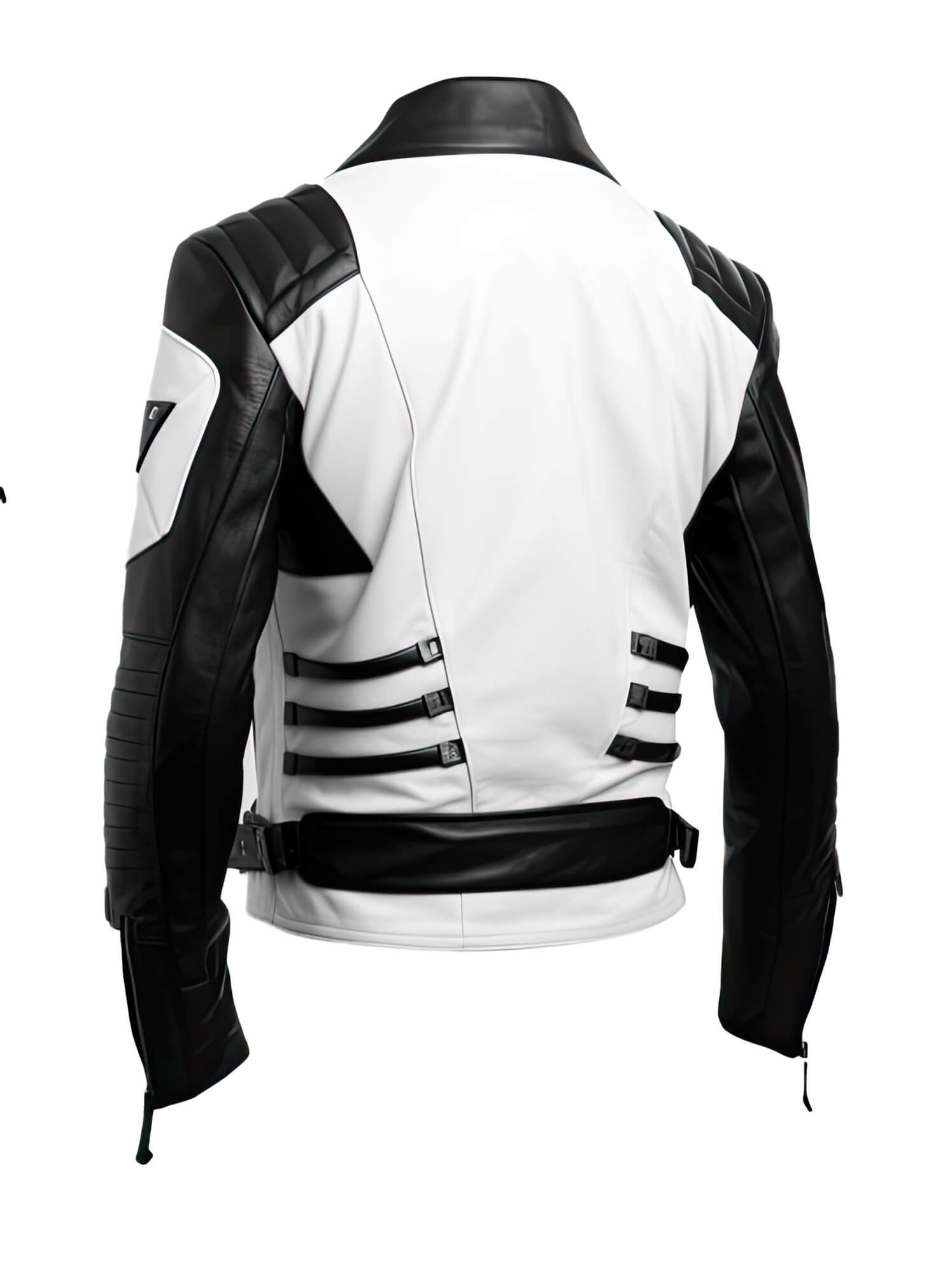 Men's White Black Genuine Sheepskin Stand Collar V-Neck Quilted Belted Soft Casual Slim-fit Moto Biker Leather Jacket - Back View - PRINDA