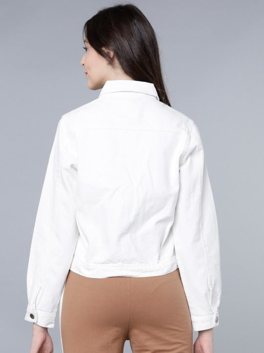 Women White Solid Crop Denim Jacket – Trendy Lightweight Layer for Pakistani Summers | PARINDA