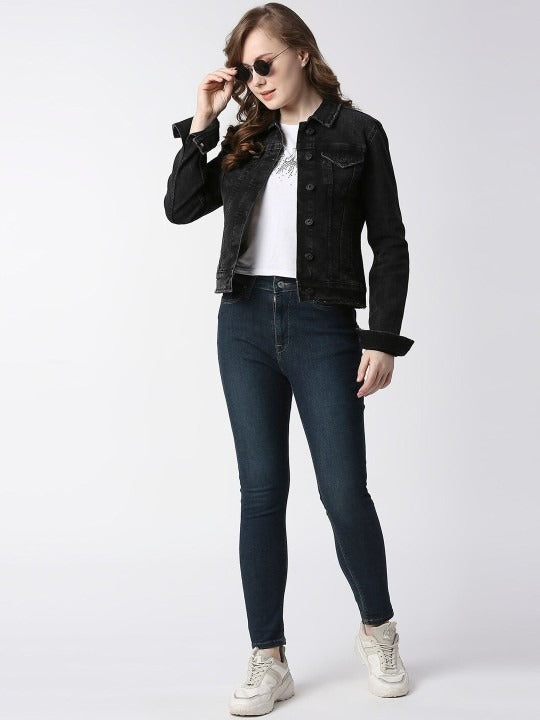 Women Washed Cotton Crop Denim Jacket for Daily Wear in Pakistan | PARINDA