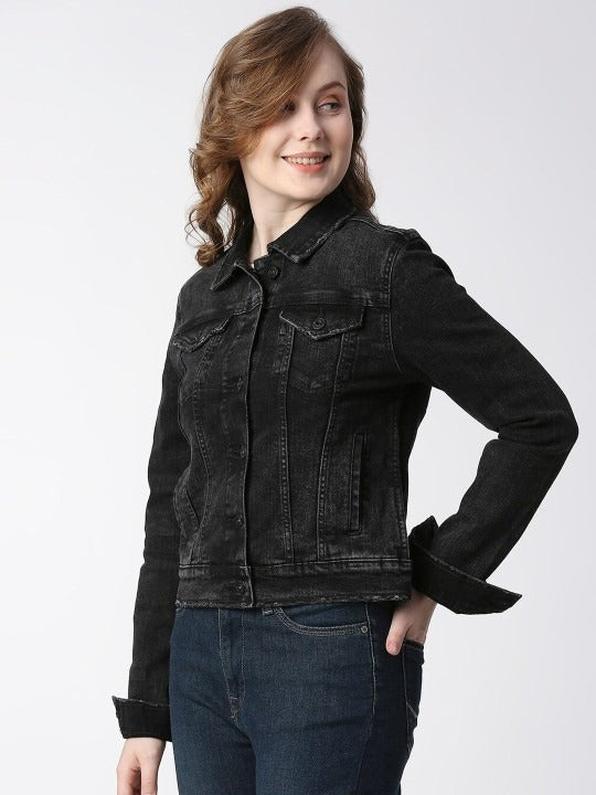 Women Washed Cotton Crop Denim Jacket for Daily Wear in Pakistan | PARINDA