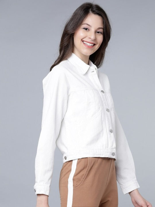 Women White Solid Crop Denim Jacket – Trendy Lightweight Layer for Pakistani Summers | PARINDA
