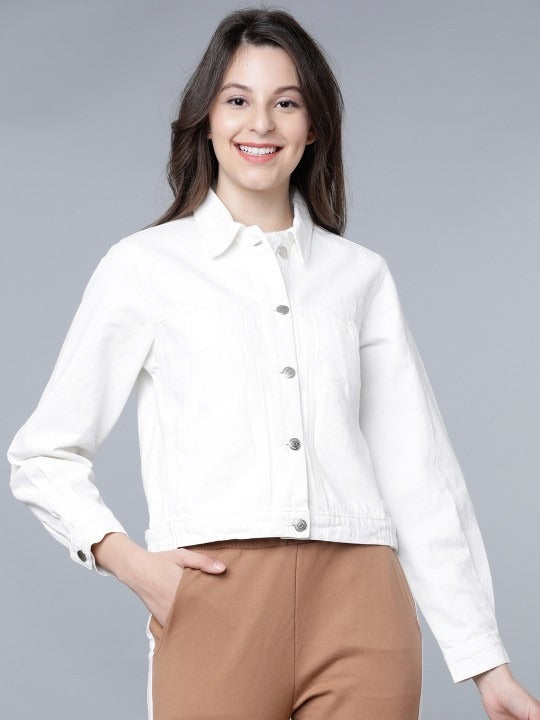 Women White Solid Crop Denim Jacket – Trendy Lightweight Layer for Pakistani Summers | PARINDA