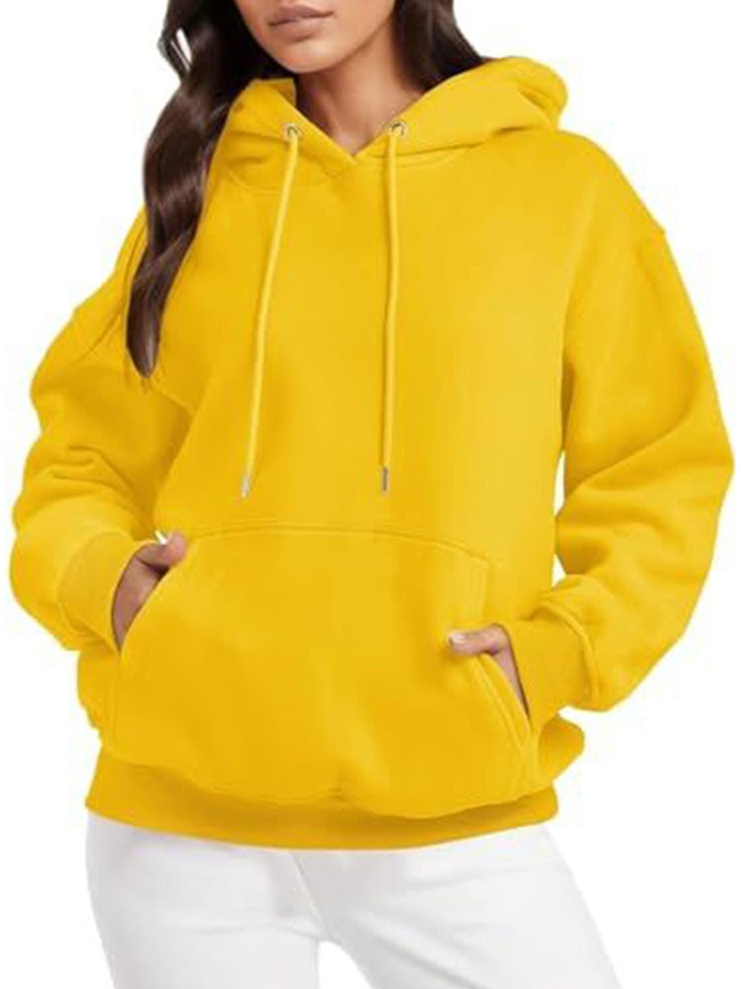 Women Yellow Hooded Hoodie — Bright Yellow Cotton Pullover with Kangaroo Pocket | PRINDA Pakistan