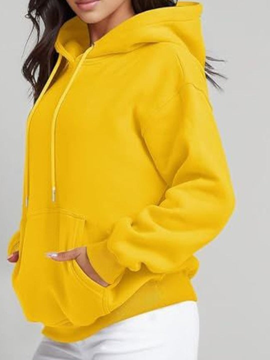 Women Yellow Hooded Hoodie — Bright Yellow Cotton Pullover with Kangaroo Pocket | PRINDA Pakistan