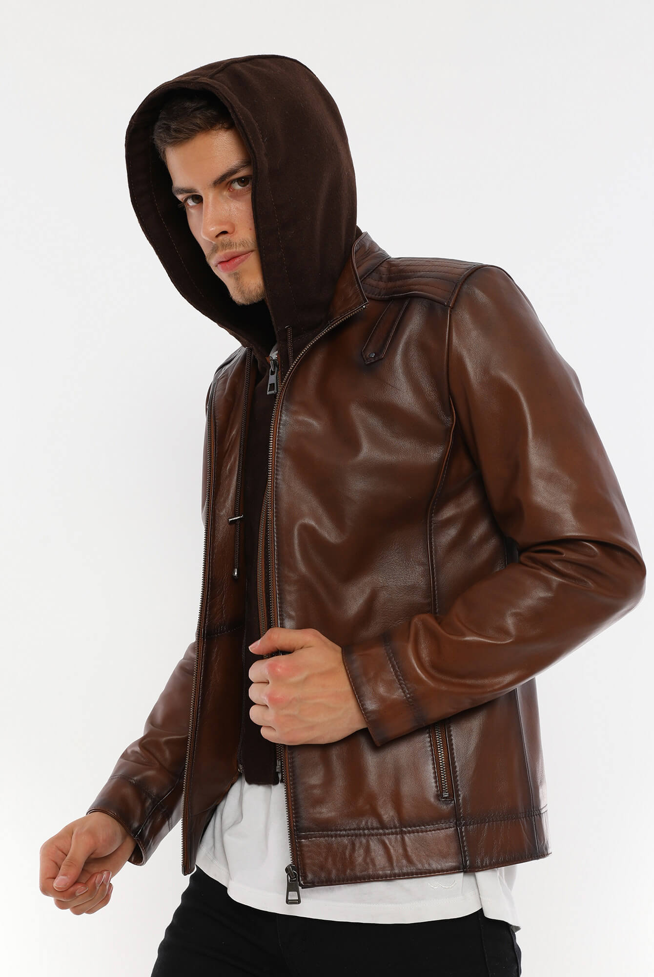 PRINDA Luca Brown Hooded Leather Jacket