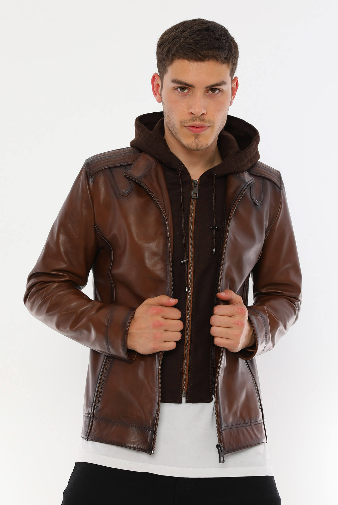 PRINDA Luca Brown Hooded Leather Jacket