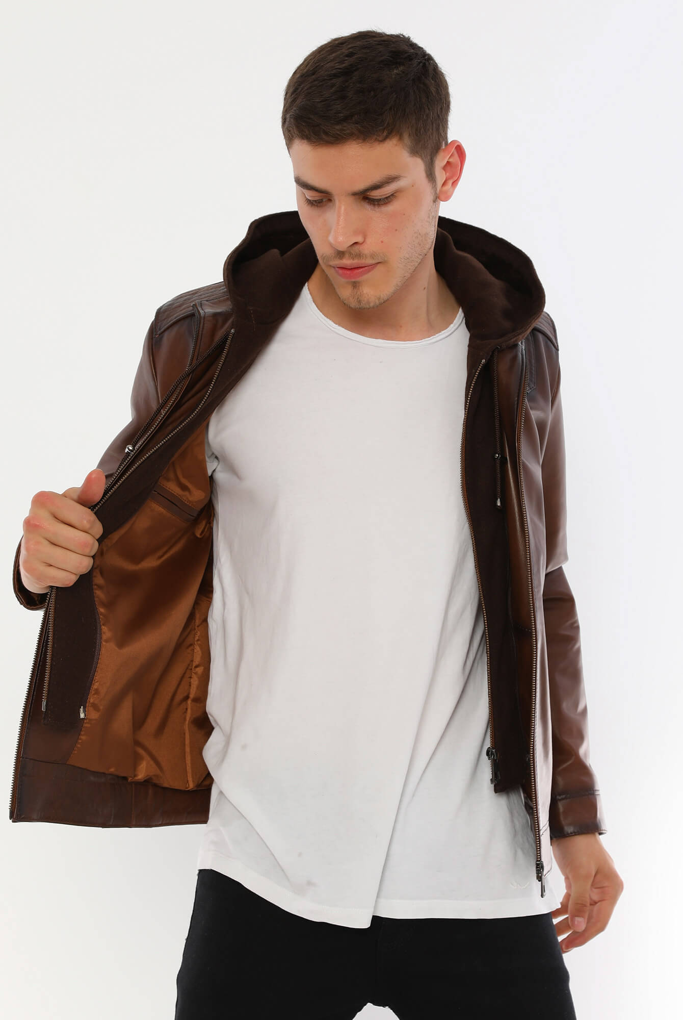 PRINDA Luca Brown Hooded Leather Jacket