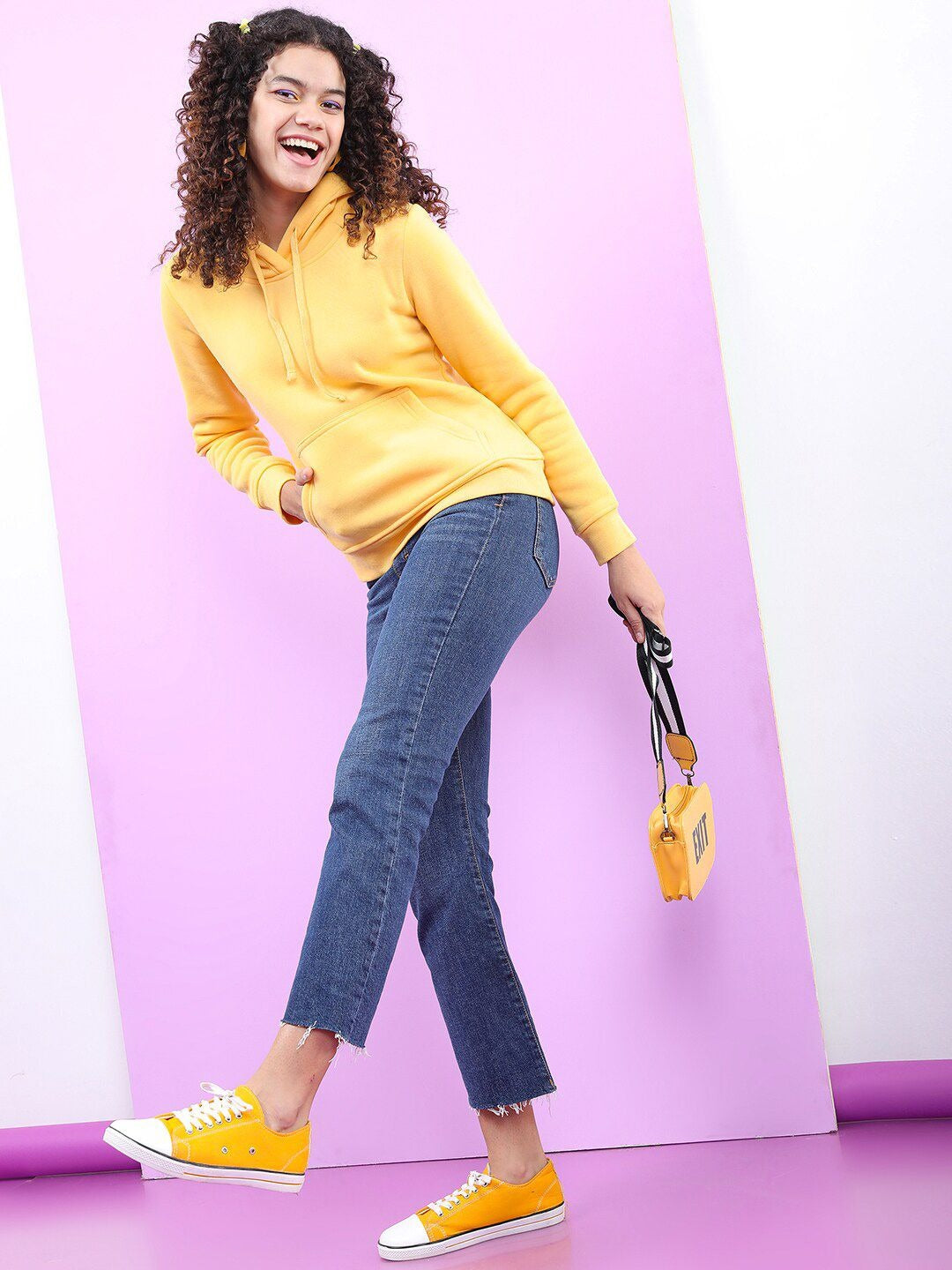 Women Yellow Hooded Hoodie — Bright Cotton Pullover with Kangaroo Pocket | PRINDA Pakistan