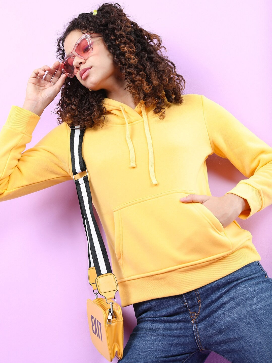 Women Yellow Hooded Hoodie — Bright Cotton Pullover with Kangaroo Pocket | PRINDA Pakistan