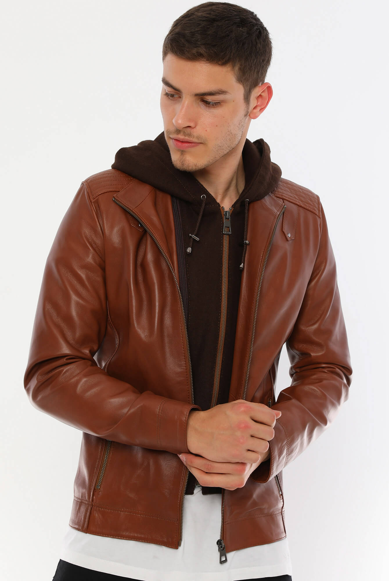 PRINDA Luca Tan Hooded Leather Jacket