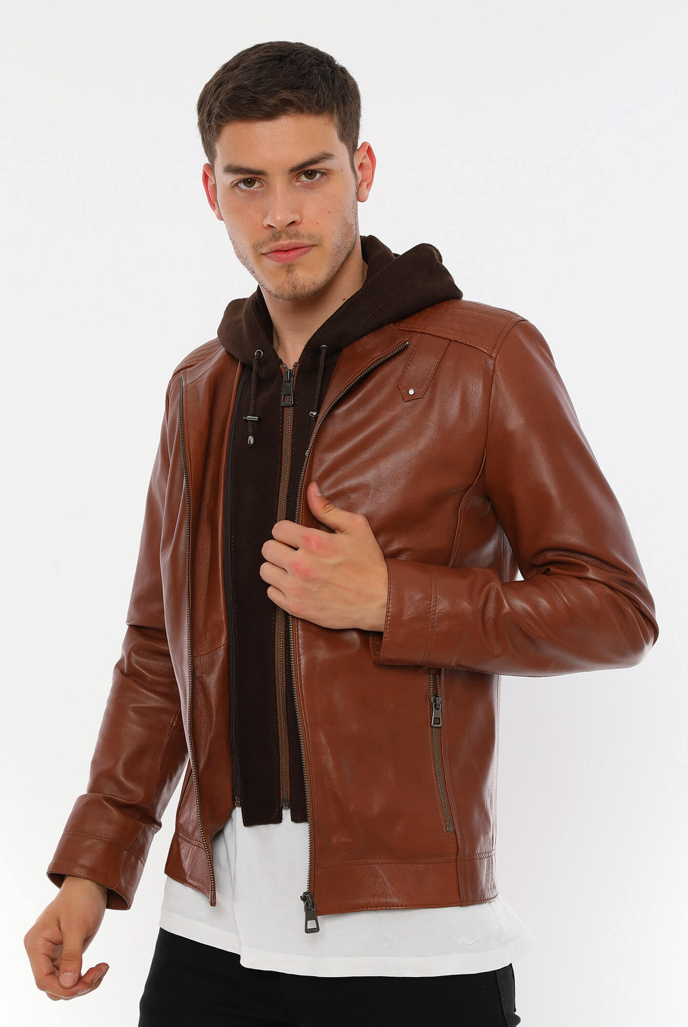 PRINDA Luca Tan Hooded Leather Jacket