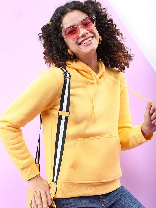 Women Yellow Hooded Hoodie — Bright Cotton Pullover with Kangaroo Pocket | PRINDA Pakistan